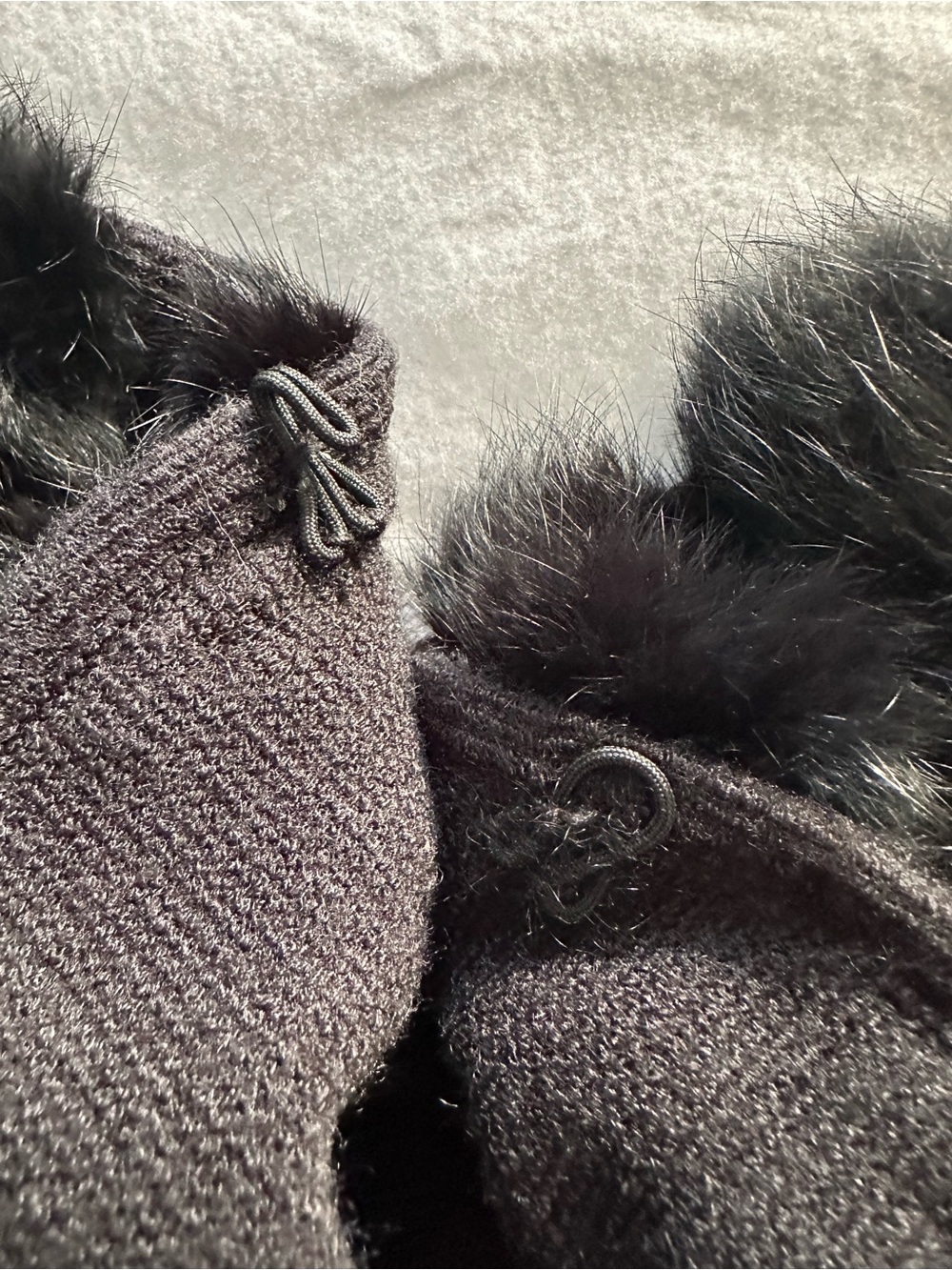 Black Knit Wrap with rabbit fur Pom Pom accents - Picture 5 of 11